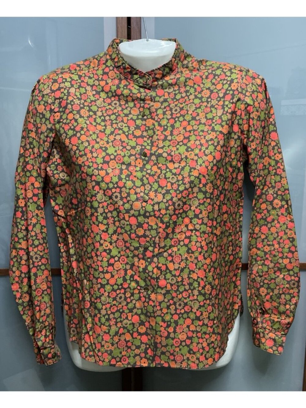 Miss Pat Vintage Size 9/10 Floral Hi-Neck Button Up Shirt Blouse Cottage Peasant